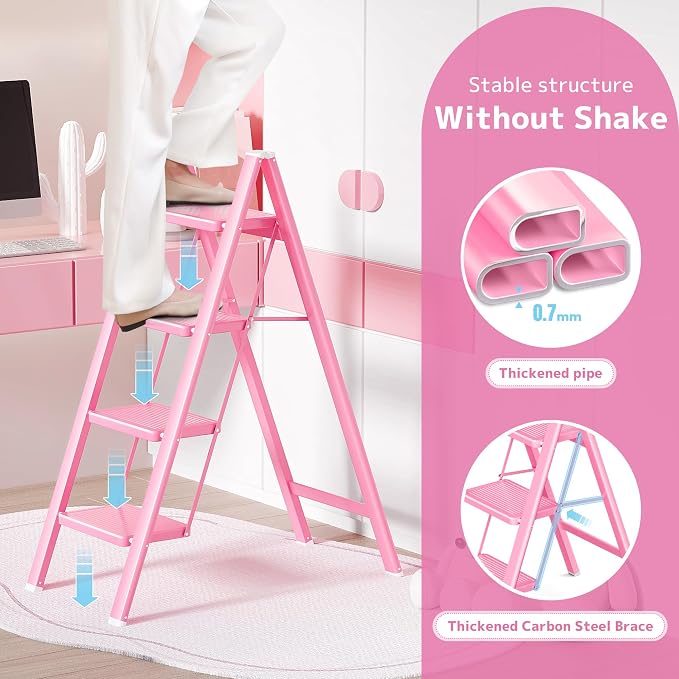 4 Step Ladder, Foldable Step Stool with Widened Pedal, Pink | Sturdy Carbon Steel, Anti-Slip Feet, Portable, 330LBS Capacity, Space Saving, for Kitchen, Bedroom, Pantry Use - Image 4