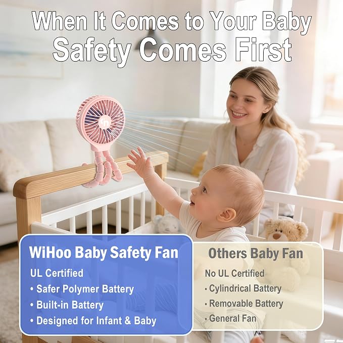 WiHoo Portable Stroller Fan, 11H Ultra-long Battery Life 3 Speed 360°Rotate, USB Rechargeable or Battery Operated Cooling Clip On Personal Fan for Baby Crib Travel Car Seat Pink - Image 4