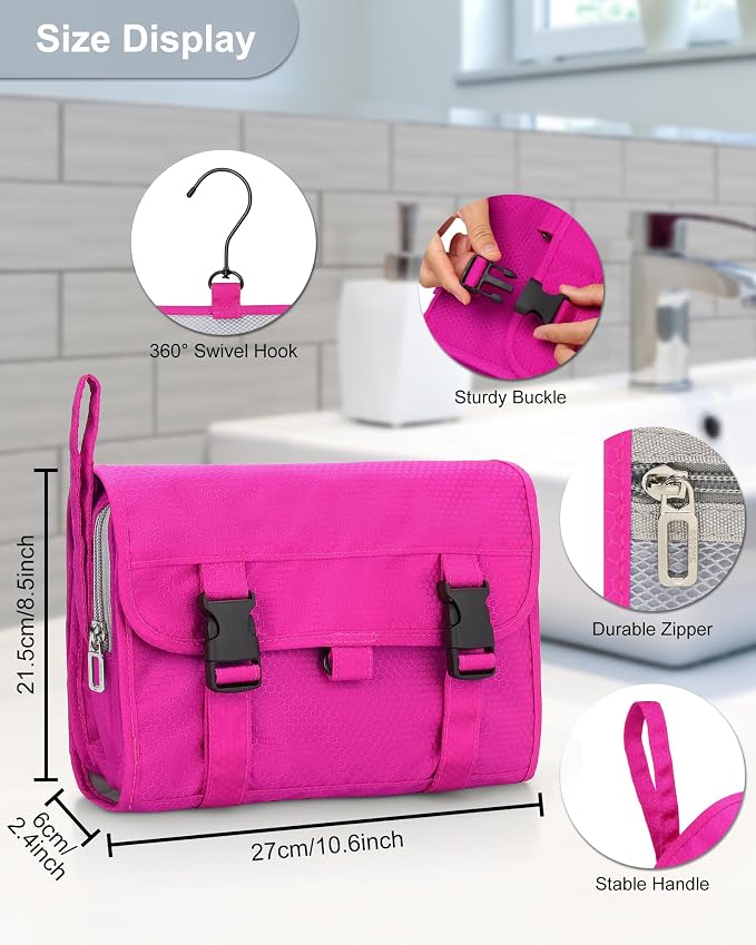Relavel HangingTravel Toiletry Bag for Women, Large Capacity Toiletries Bag, Travel Essentials Organizer, Hanging Makeup Case for Accessories, Waterproof Bathroom Shower Bag (hot pink) - Image 2