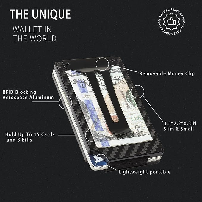 Minimalist Wallet for Men, Slim Metal RFID Blocking Wallet Credit Card Holder Money Clip & Cash Strap, Scratch-Resistant Holds 15 Cards,Ideal Gift for Men | Carbon Fiber - Image 3