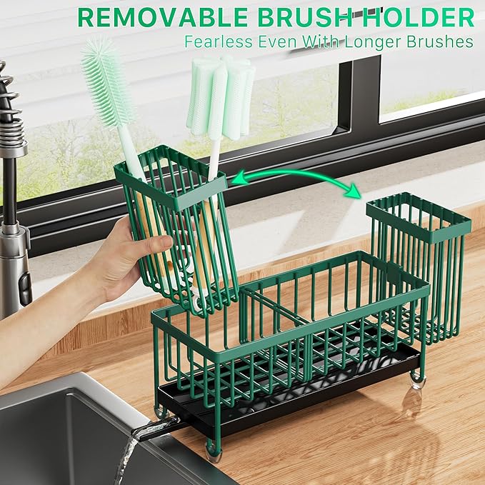 Cisily Sponge Holder for Kitchen Sink, Sink Caddy Organizer with High Brush Holder, Kitchen Countertop Organizers and Storage Essentials, Rustproof 304 Stainless Steel (Dark Green, 9.25″) - Image 4