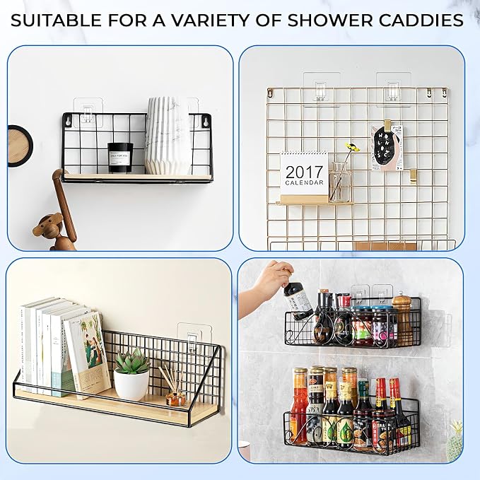 Shower Caddy Adhesive Replacement Hooks, Heavy Duty Waterproof Strips, No Drilling for Bathroom Shelves, Kitchen Racks, and Soap Holders (Transparent-14 Pack 1 Hook) - Image 8