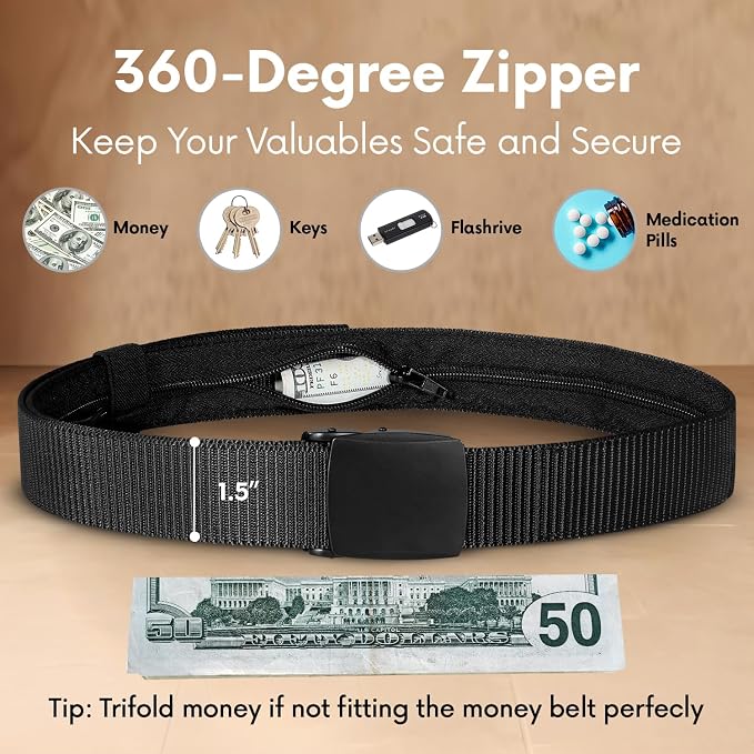 SP HOME GOODS Travel Money Belt with Hidden Money Pocket, Nylon Military Tactical Mens with Zinc Alloy Buckle- Black - Image 2