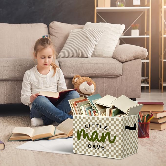 Boys Nursery Inspirational Storage Bins Box with Handles Organizer Basket | positive foldable basket for organizing, neutral gingham collapsible toys clothes for playroom toddler bedroom, 10x14 in - Image 5