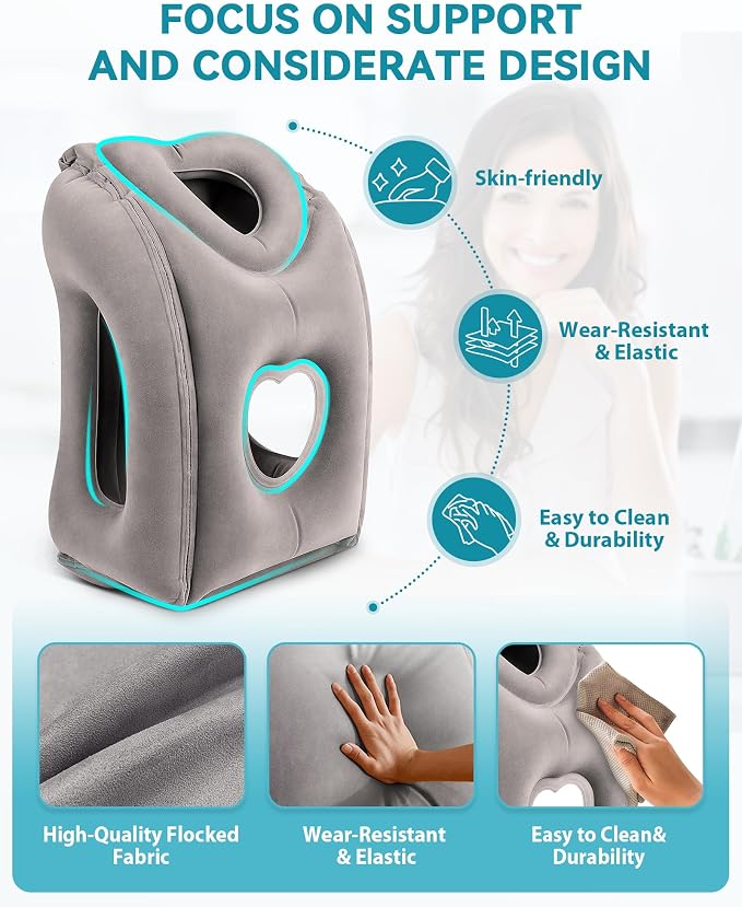 Inflatable Travel Pillow, Airplane Neck Pillow Comfortably Supports Head and Chin for Airplanes, Trains, Cars Office Napping on The Tray Table (Grey) - Image 3