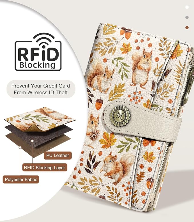 Squirrel Wallet Women RFID Cute Passport Holder Credit Card Holder | 6.7" x 4.4" x 1.3" Bifold, Travel billfold, Zipper Pocket, PU Leather, Clutch, Purse, ID Window, Pen Holder, Gift Ladies Girl - Image 4