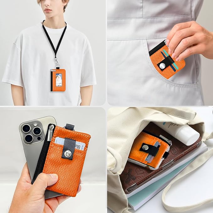 Minimalist RFID Blocking Small Wallet with ID Window,WaterResistant Zip Id Case Wallet with Lanyard Keychain for Cards,Cash,Travel,Women,Men (Orange) - Image 9