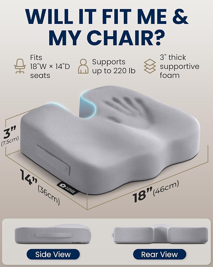 5 STARS UNITED Seat Cushion - Memory Foam Chair Cushion for Tailbone Pain Relief - Ergonomic Support for Coccyx, Sciatica & Butt - Office, Desk & Gaming Chair, Car Seat, Wheelchair, Airplane, L Gray - Image 5