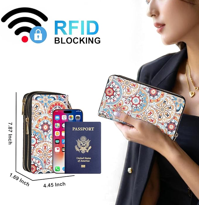 RFID Blocking Cellphone Wallet for Women with Removable Strap, Double Zipper Wristlet Bag Large Capacity, Ladies Travel Clutch Purse, Artistic Flower - Image 2