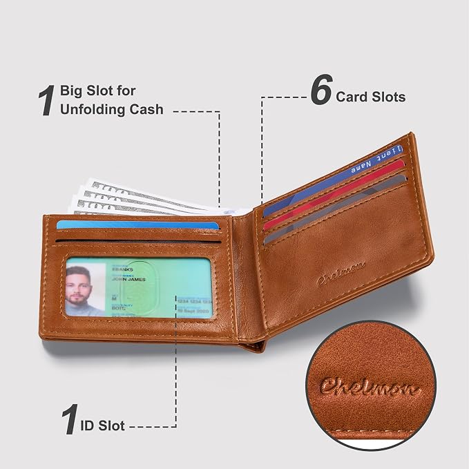 Chelmon Slim Wallet for Men ID Window with RFID Blocking Minimalist Front Pocket Bifold Bussiness Card Holder Gift for Men, Alaska Brown - Image 3