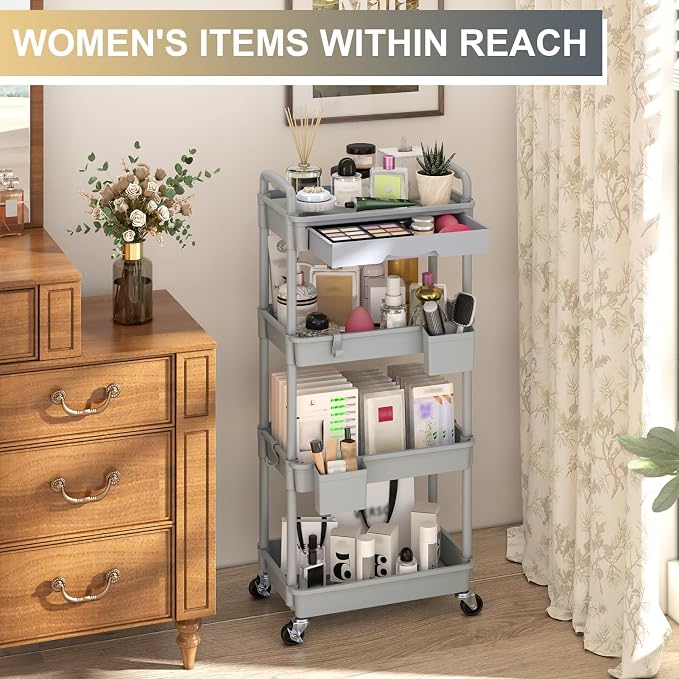 Goovilla 4 Tier Rolling Utility Cart Organizer with Removable Drawer, Grey | Stable and Sturdy Rolling Storage Carts with 2 Lockable Wheels for Bathroom, Kitchen, Snack, Craft, Makeup, Baby Essentials - Image 5