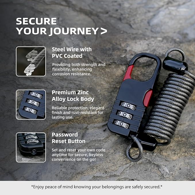 Small Combination Ski Lock with Retractable Cable (3ft/91cm Wire), Thin Cable Locks with Combination for Travel Luggage, Suitcases, Backpack, Snowboard, Bike, Motorcycle Helmet Anti Theft - Image 4