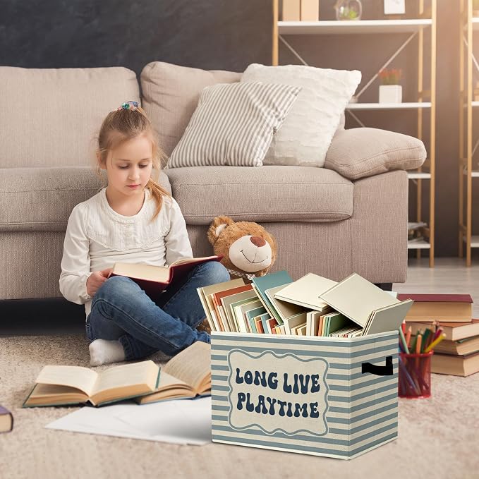 Rustic Playroom Storage Bins Boxes with Handles | toys books clothes, long live playtime blue striped nursery foldable basket for organizing bedroom toddler room playroom - Image 5