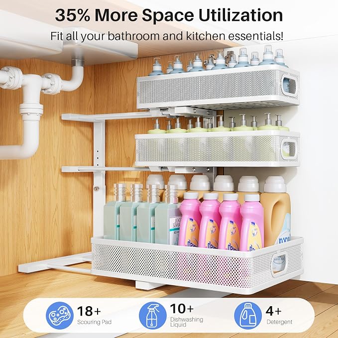 Under Sink Organizer, 3-Tier Thickened Metal Pull out Cabinet Organizer Shelf, Height Adjustable Slide out Storage Drawer Rack for Kitchen Bathroom Pantry Laundry Home Organization, 2-Pack, White | 35% Extra Storage Capacity, Carbon Steel, Hold Up 55lb... - Image 4