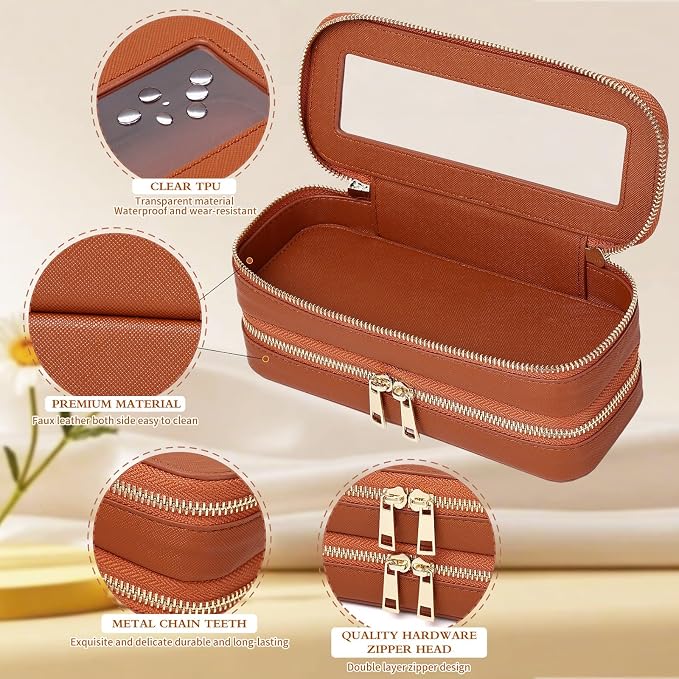 Pinkmik Double Layer Makeup Bag, Brown, Double SLIM | Makeup Brush Case, Waterproof, Travel Cosmetic & Toiletry Organizer, Car Essentials for Women - Image 6