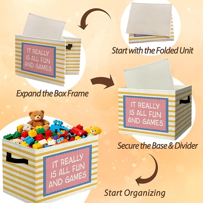 Playroom Positive Uplifting Storage Bins Box with Handles Organizer Basket | encouraging foldable basket for organizing, yellow striped collapsible toys clothes for playroom nursery bedroom, 10x14 in - Image 6