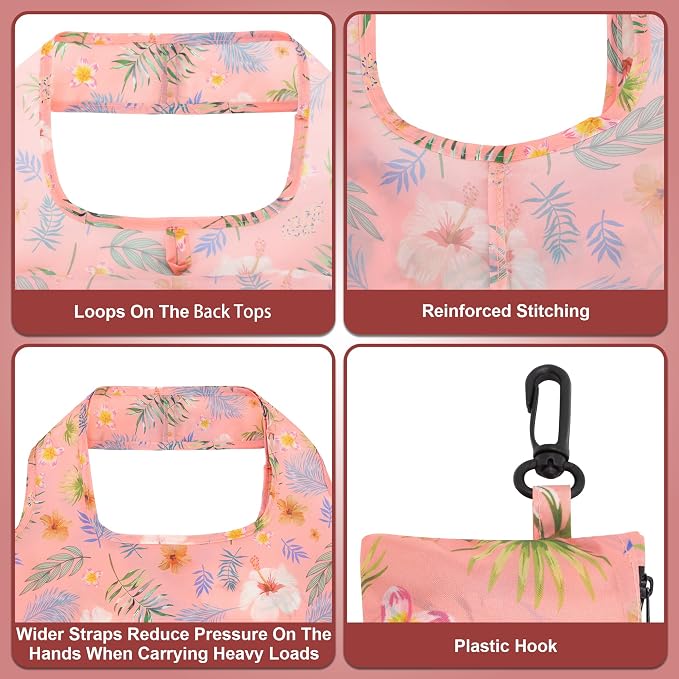 HOLYLUCK Reusable Grocery Bags,Heavy Duty Foldable Shopping Tote Bag (Standard, Pink floral) - Image 4