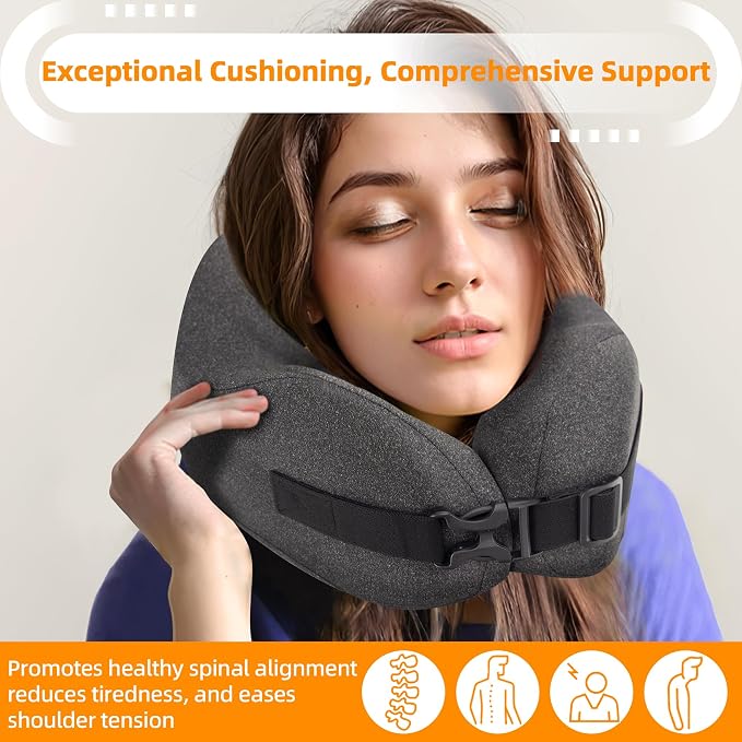 Neck Pillow Airplane Travel Set - Pure Memory Foam Travel Neck Pillow, Plane Pillow for Long Flights Essentials, Sleeping with 3D Contoured Eye Mask, Earplugs, Portable Bag (DeepGray) - Image 6