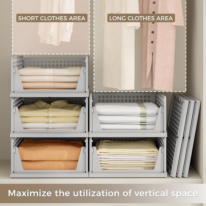 8 Pack Closet Organizer Storage Bins Stackable Plastic Drawer Shelf | Basket for Clothing Stackable Storage Bins Shelf Storage Container for Closet Wardrobe Bedroom Bathroom Office Grey Foldable - Image 4