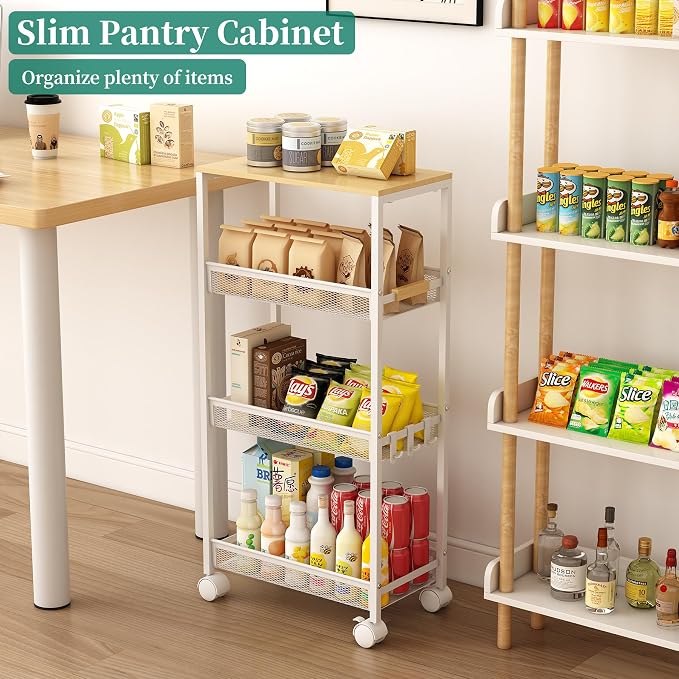 4-Tier Slim Utility Rolling Laundry Cart with Wheels, Easy to Assemble | 9.1" Wide for Narrow Spaces, Wood Top with Metal Frame, Mobile Storage Shelves for Bathroom, Kitchen, Office - Image 7