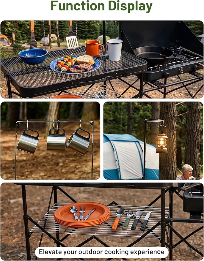 TIMBER RIDGE 56" Portable Camp Kitchen Station Folding Outdoor Grill Table | 110lbs Capacity Heat-Resistant Steel Mesh Top & Storage Shelves, Heavy Duty Picnic RV Tailgating BBQ Easy Setup - Image 7