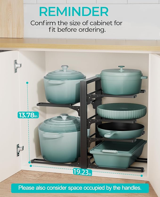 Pots and Pans Organizer Under Cabinet 13.8", 6-Tier Adjustable Rack | 2 DIY Modes, Tool-Free Assembly, Max 90 Lbs, Fits Cast Iron Pans, Dutch Ovens & Heavy Cookware, For Kitchen Cabinets - Image 2