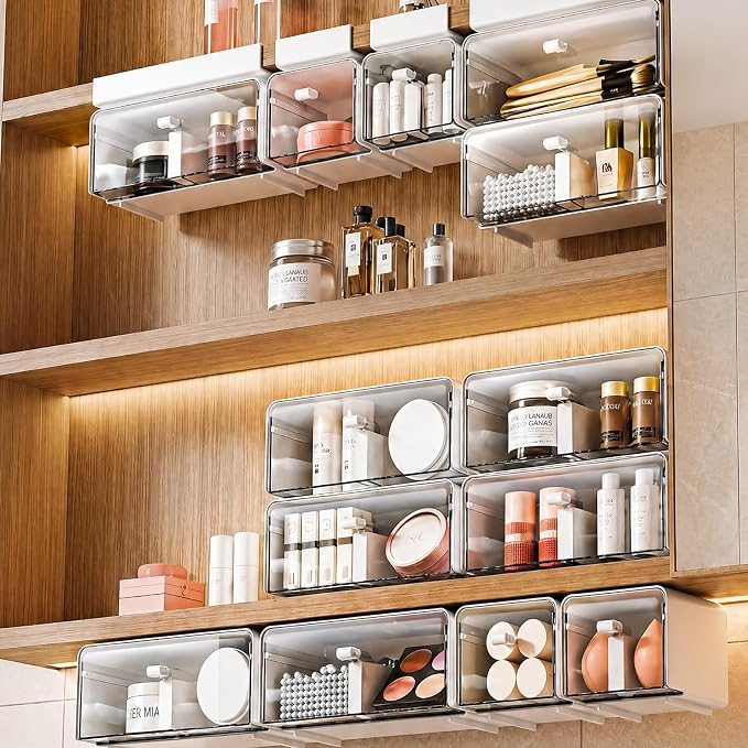 2 Pack Hanging Under Shelf Storage Container, No Drill Adhesive Pull Out Drawer Organizer, Moisture Proof Clear Makeup Organizer for Tables, Home & Office, Counters, Workstation - Image 2