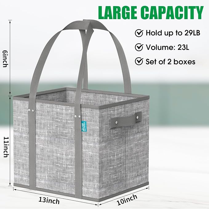 Fab totes Reusable Grocery Bags, Large Foldable Shopping Tote Bags with Reinforced Handles & Hard Bottom,2 Pack, Grey - Image 3