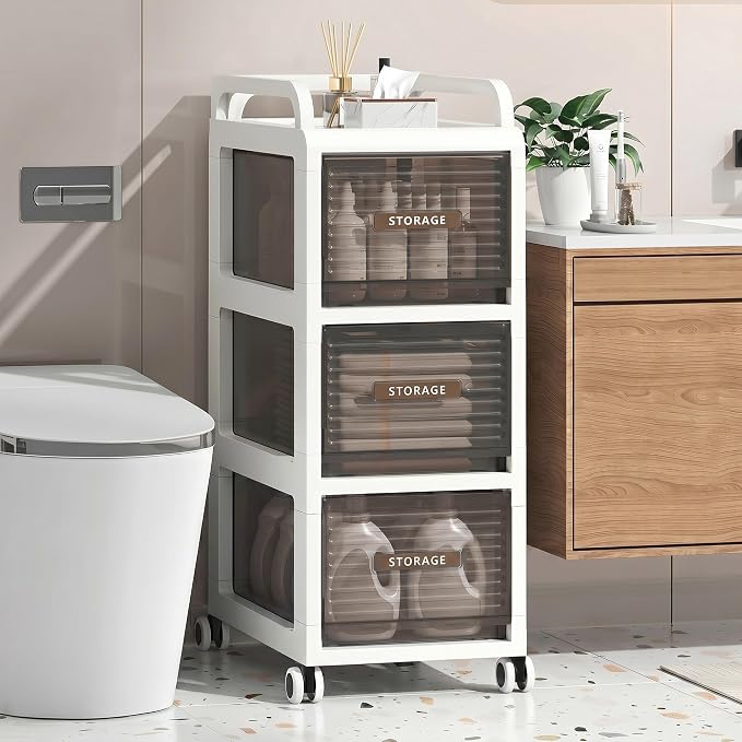 Bathroom Storage with Drawers, 11.8" Wide Slim Cabinet with Wheels | Freestanding Narrow Cupboard, Small Cart for Small Space Kitchen Office Bedroom Under Desk, 29.5" Tall, 3-Drawer, Gray - Image 3