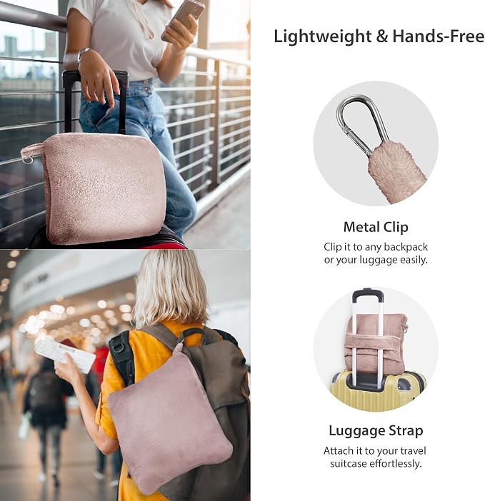 DEZ FURNISHINGS 4-in-1 Self-Storing Travel Blanket & Pillow, Soft Fleece Airplane Blanket with Luggage Sleeve & Backpack Clip, 60" x 45", Pink - Image 2