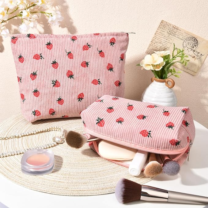 SOIDRAM 2 Pcs Makeup Bag Large Cosmetic Bag Toiletry Bag Makeup Pouch Travel Bag Organizer Cute Makeup Brushes Aesthetic Accessories Storage Bag for Women Pink Strawberry - Image 6