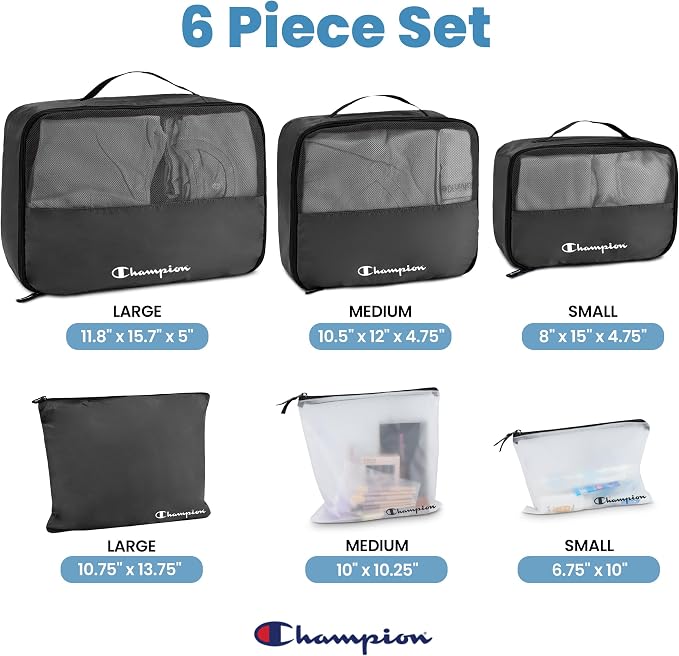 Champion Packing Cubes for Travel - 6 Piece Organizer Set, Carry-On Ready | Breathable mesh, sturdy handles; 3 cubes, 1 laundry bag, 2 zip pouches; zipper closure; fits carry-on and full-size suitcases - Image 2