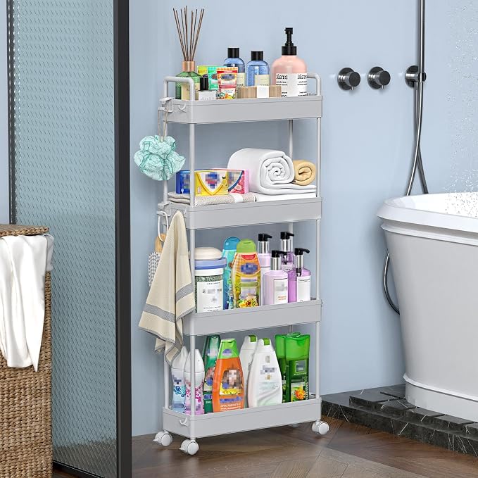 SOLEJAZZ Slim Rolling Storage Cart Skinny Bathroom Organizer, 4 Tier, Gray | Thin utility cart with wheels for bathroom, laundry room, bedside, kitchen, dorm, office, next to fridge, small narrow places - Image 6