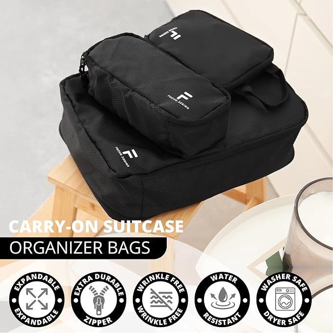 8 Piece Compression Packing Cubes Set - Double Capacity Design for Travel - Small, Medium & Large Sizes - Carry-On Suitcase Organizer Bags (Black) - Image 6
