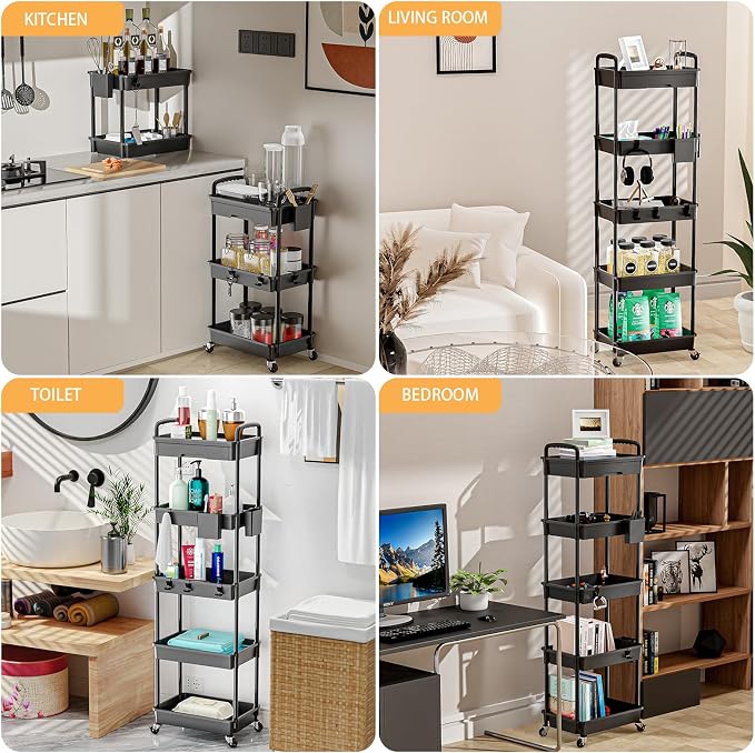 5 Tier Rolling Utility Cart with Drawer,REBECAT Utility Cart Made of Multifunctional Storage Organizer Tool for Kitchen,Bathroom,Living Room,Office(Black) - Image 6