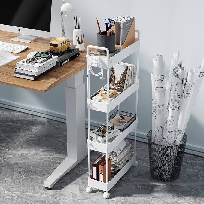 SOLEJAZZ Slim Rolling Storage Cart Skinny Bathroom Organizer, 4 Tier, White | Thin utility cart with wheels for bathroom, laundry room, bedside, kitchen, dorm, office, next to fridge, small narrow places - Image 5