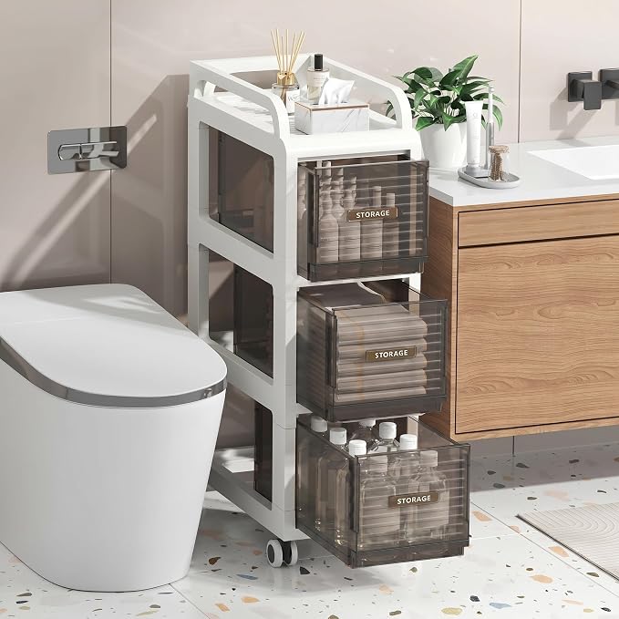 Bathroom Storage with Drawers, 9.8" Wide Slim Cabinet with Wheels | Freestanding Narrow Cupboard, Small Cart for Small Space Kitchen Office Bedroom Under Desk, 29.5" Tall, 3-Drawer, Gray by ZHYOCOGY