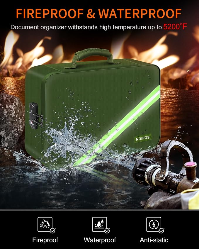 Fireproof Document Box with Lock 5200℉ Water Resistant | Portable ,Home ,Travel Strong Document Storage Organizer with 7 pockets for Important Documents and File ,Green - Image 2