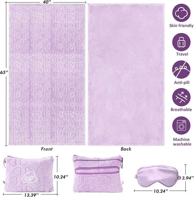 Travel Blanket, Airplane Blanket, Ultra-Soft, Warm & Lightweight, 65x40 in, Outdoor Blanket Essentials for Women, Men & Kids, Included Eye Mask, Luggage Sleeve & Backpack Clip Heart Purple - Image 6