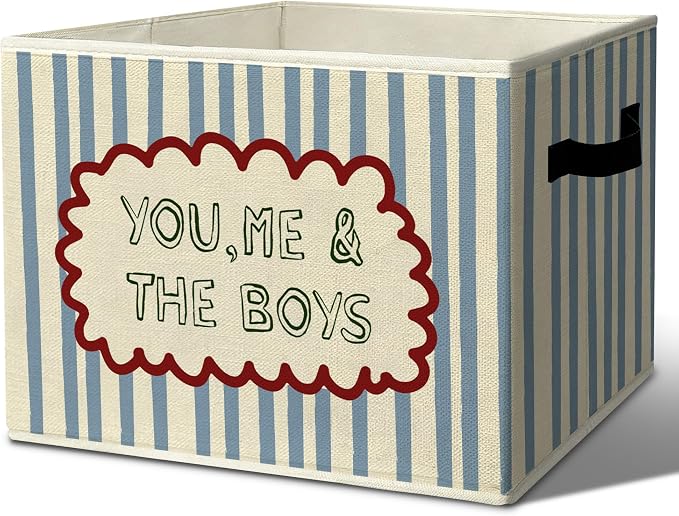Rustic Boys Playroom Storage Bins & Boxes with Handles | toys books clothes, you me & the boys blue striped nursery foldable basket for organizing bedroom toddler room playroom by Unknown
