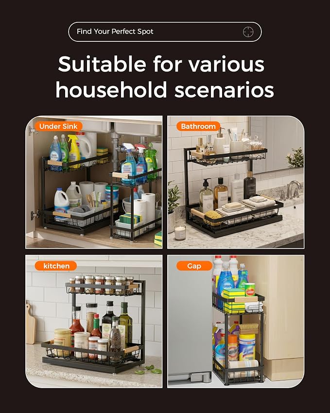 3-Pack 2-Tier Height Adjustable Under Sink Organizer, Black | Multi-purpose metal storage shelf with sliding shelves for kitchen, bathroom, pantry & laundry cabinet - Image 8