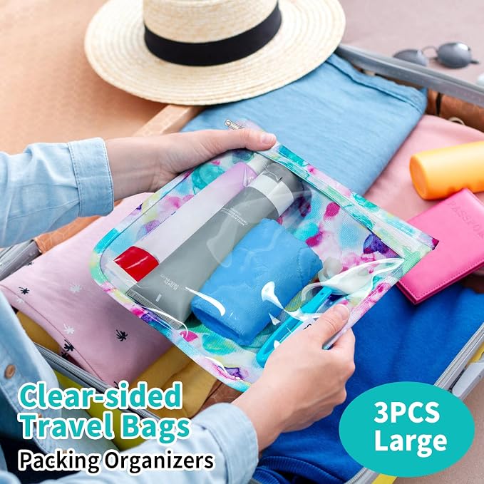 HIONXMGA Set of 3 Diaper Bag Organizing Pouches, Space-Saving, 3 Large Size | Clear Front Toiletry Bags Waterproof Zipper Pouches for Women Kids Toiletries Baby Essentials Well-Organized, Watercolor - Image 2