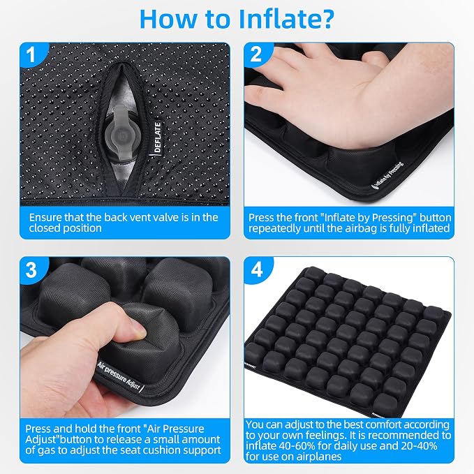 Sodurue Travel Cushion, Airplane Seat Cushion for Long Flights | Built in Inflatable Air Pump, Inflatable Seat Cushion for Car,Office,Stadium,etc, Ergonomic, 36 Pressure Relief Airbags - Image 4