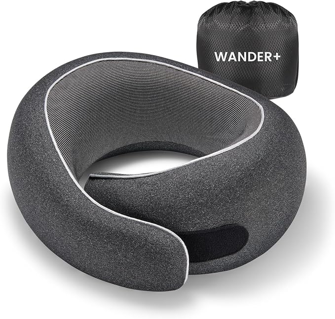 WANDER+ Plus® Travel Neck Pillow, Max Black | Pure Memory Foam, Comfortable Breathable Cover, 360 Degree Support Ergonomic Design by WANDERPLUS