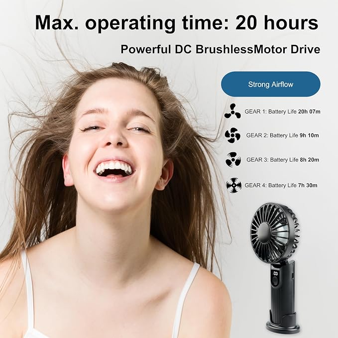 Portable Handheld Fan 5000mAh, Rechargeable Mini Fan with LED Display, 180° Foldable Small Desk Fan, 4 Speeds Quiet Personal Fan for Travel Makeup Office Outdoor - Black - Image 5