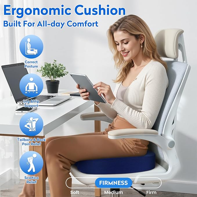 CushZone XL Memory Foam Seat Cushion for Office, Car & Wheelchair, Blue | U-shaped Coccyx Cutout, Contoured Design, Breathable Removable Mesh Cover, Non-Slip Base, Carry Handle - Image 7