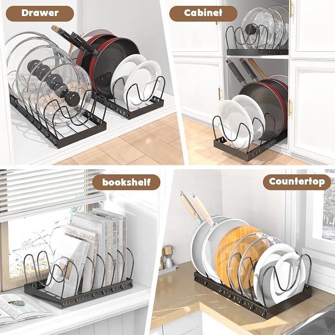 2PACK Pot Lid Organizers Inside Cabinet for Kitchen, Pots and Pans Organizer Under Cabinet with 16 Adjustable Dividers, Countertop Lid Holder, Rust-Resistant, Tool-Free Installation, Easy to Clean - Image 6