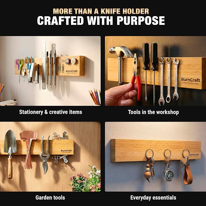 Magnetic Knife Holder for Wall, 16 Inch Bamboo Knife Strip, Wooden Knife Rack with Strong Magnets, Wall Mounted Kitchen Utensil Organizer & Storage Bar - Image 4