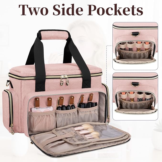 GDNasist Large Makeup Bag, Portable Travel Makeup Bag Organizer | Cosmetic Travel Bag for Women Girls with 2 Removable Pouches & Detachable Dividers, Toiletry Bag for Makeup and Hair Supplies - Image 9