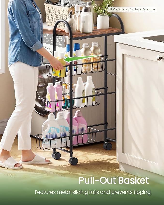 Slim Storage Cart, Storage Shelf on Wheels, Storage Rack with Pull-Out Baskets, Movable Cart with Handles, for Kitchen, Laundry Room, Living Room, Black and Rustic Brown TTC05BF - Image 3